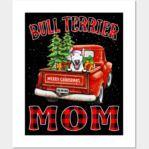 Christmas Bull Terrier Mom Santa Hat Truck Tree Plaid Dog Mom Christmas Wall Art by intelus